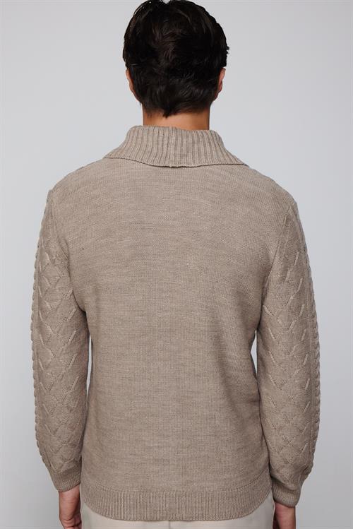 Slim Fit Dar Kesim Desenli Yumuşak Dokulu Düğmeli Kahverengi Erkek Hırka