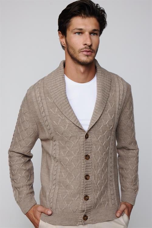 Slim Fit Dar Kesim Desenli Yumuşak Dokulu Düğmeli Kahverengi Erkek Hırka