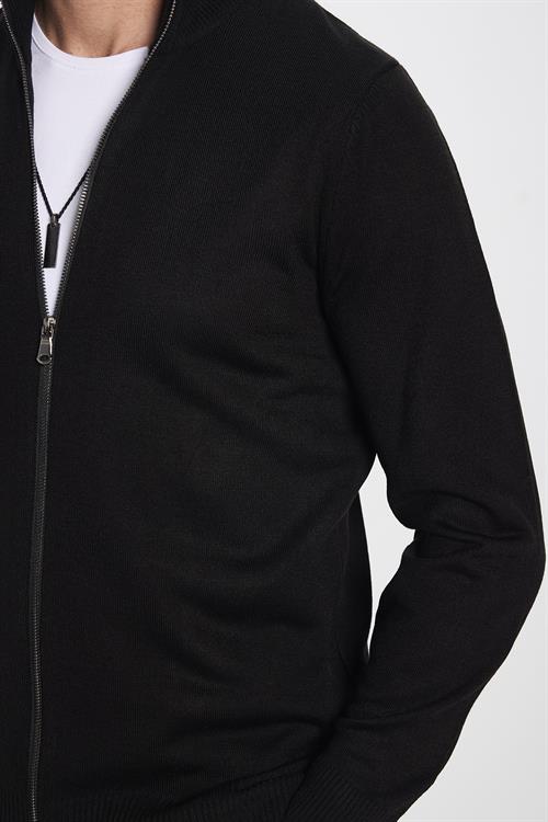 Erkek Slim Fit Dar Kesim Siyah Dik Yaka Fermuarlı Düz Hırka