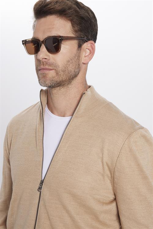 Unisex Slim Fit Dar Kesim Bej Dik Yaka Fermuarlı Düz Hırka