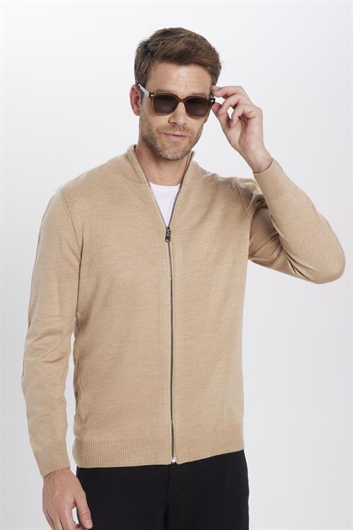 Unisex Slim Fit Dar Kesim Bej Dik Yaka Fermuarlı Düz Hırka