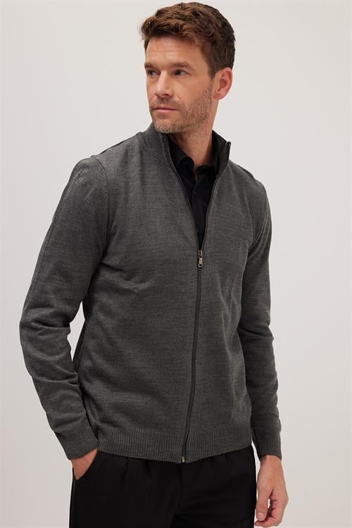 Erkek Slim Fit Dar Kesim Gri Dik Yaka Fermuarlı Düz Hırka