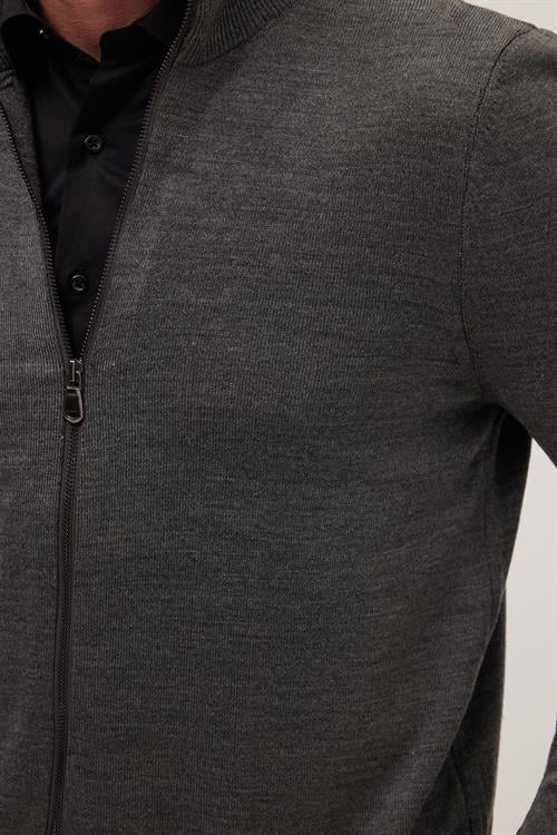 Erkek Slim Fit Dar Kesim Gri Dik Yaka Fermuarlı Düz Hırka