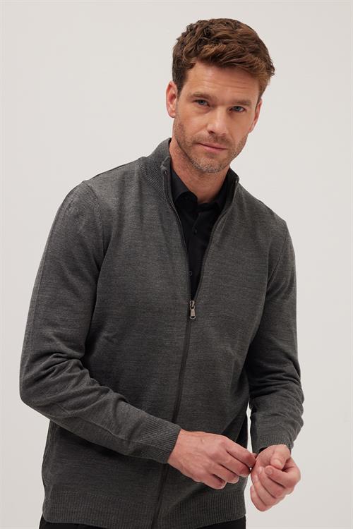 Erkek Slim Fit Dar Kesim Gri Dik Yaka Fermuarlı Düz Hırka