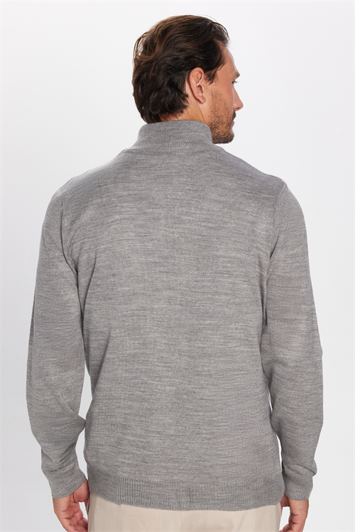 Erkek Slim Fit Dar Kesim Açık Gri Dik Yaka Fermuarlı Düz Hırka