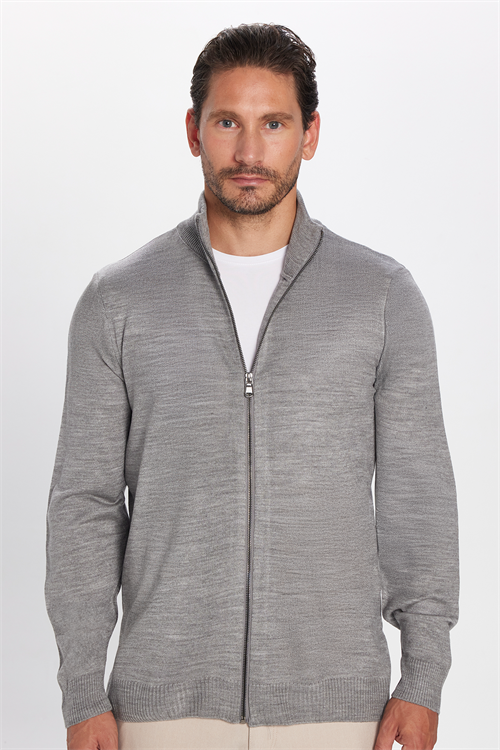 Erkek Slim Fit Dar Kesim Açık Gri Dik Yaka Fermuarlı Düz Hırka