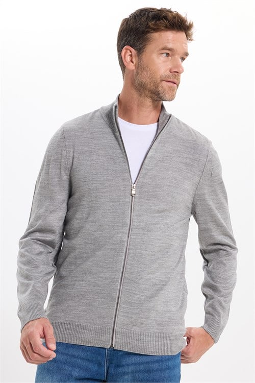 Erkek Slim Fit Dar Kesim Açık Gri Dik Yaka Fermuarlı Düz Hırka