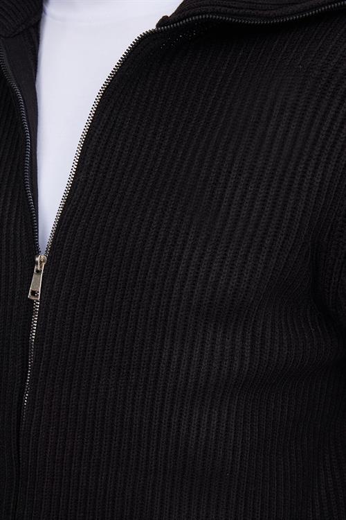 Erkek Slim Fit Dik Yaka Fermuarlı Siyah Düz Hırka