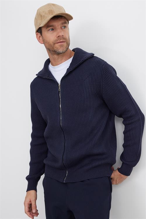 Erkek Slim Fit Dik Yaka Fermuarlı Lacivert Düz Hırka
