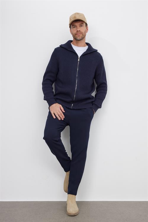 Erkek Slim Fit Dik Yaka Fermuarlı Lacivert Düz Hırka