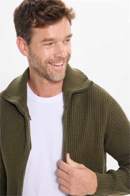 Erkek Slim Fit Dik Yaka Fermuarlı Haki Düz Hırka