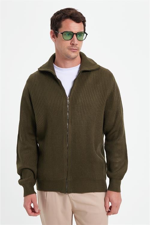 Erkek Slim Fit Dik Yaka Fermuarlı Haki Düz Hırka
