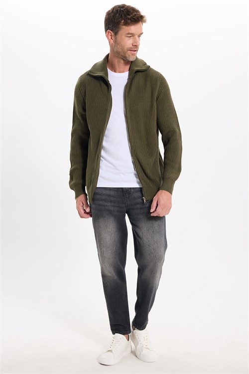 Erkek Slim Fit Dik Yaka Fermuarlı Haki Düz Hırka