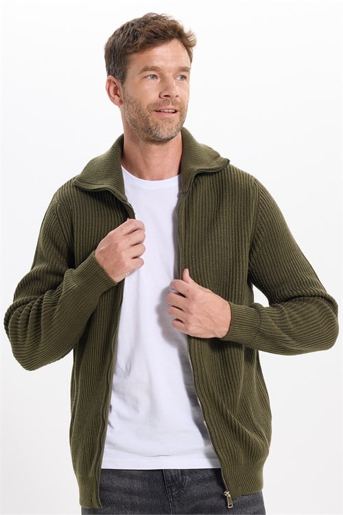 Erkek Slim Fit Dik Yaka Fermuarlı Haki Düz Hırka