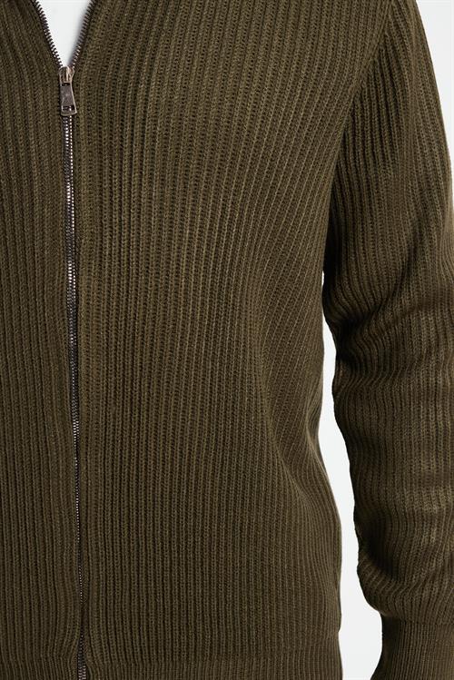 Erkek Slim Fit Dik Yaka Fermuarlı Haki Düz Hırka