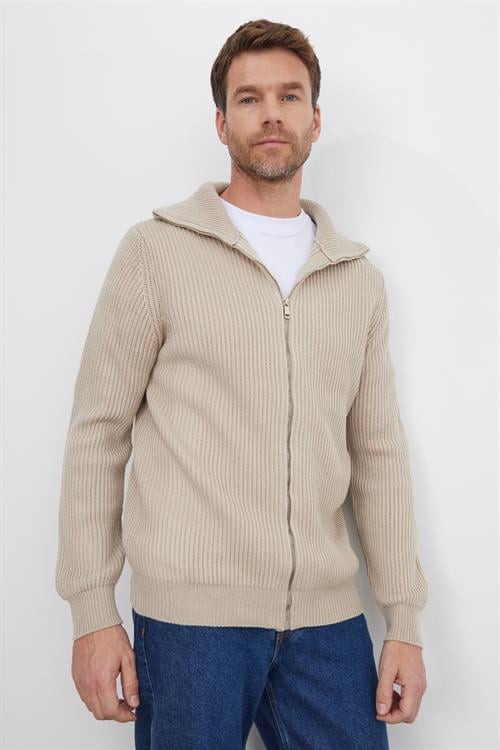 Erkek Slim Fit Dik Yaka Fermuarlı Vizon Düz Hırka
