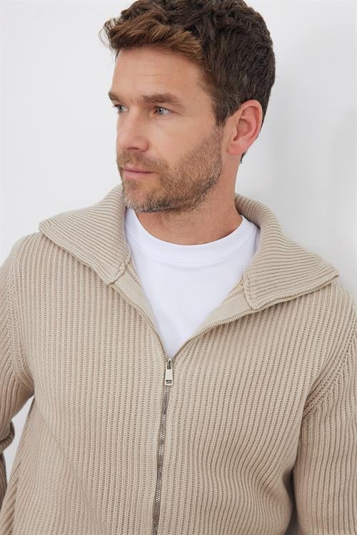 Erkek Slim Fit Dik Yaka Fermuarlı Vizon Düz Hırka