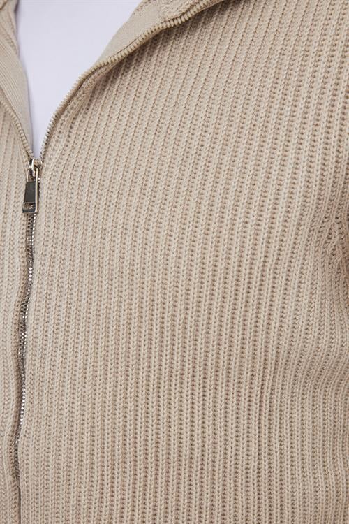 Erkek Slim Fit Dik Yaka Fermuarlı Vizon Düz Hırka