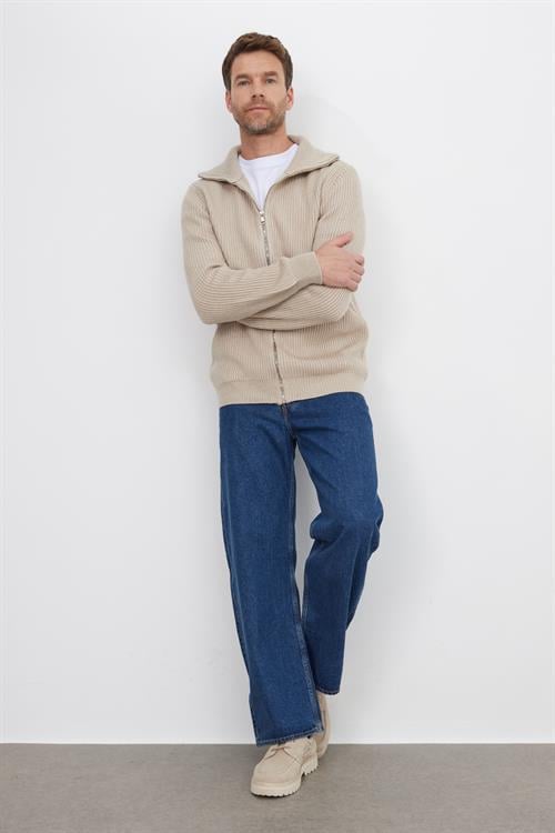 Erkek Slim Fit Dik Yaka Fermuarlı Vizon Düz Hırka
