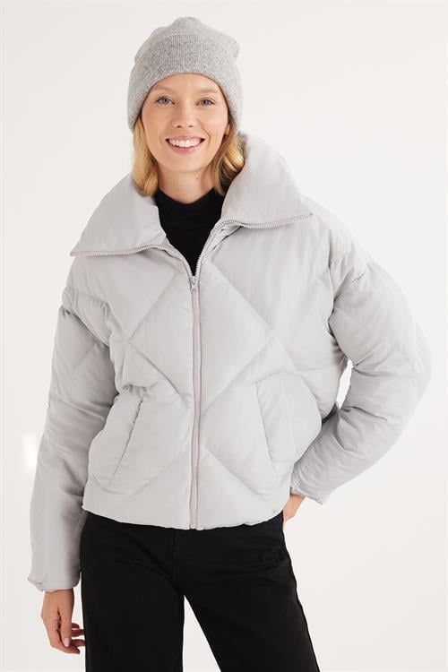 Kadın Oversize Geniş Kesim Şişme Dik Yaka Gri Mont