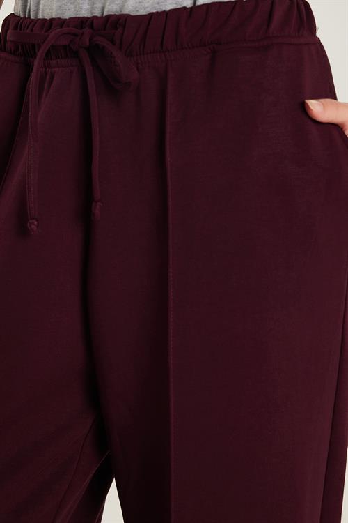 Kadın Modal Kumaş Relax Fit Beli Lastikli Bağlamalı Bordo Pantolon