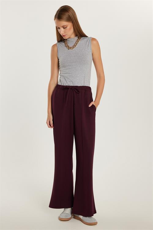 Kadın Modal Kumaş Relax Fit Beli Lastikli Bağlamalı Bordo Pantolon