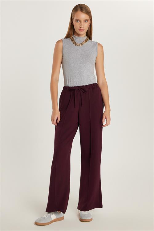Kadın Modal Kumaş Relax Fit Beli Lastikli Bağlamalı Bordo Pantolon