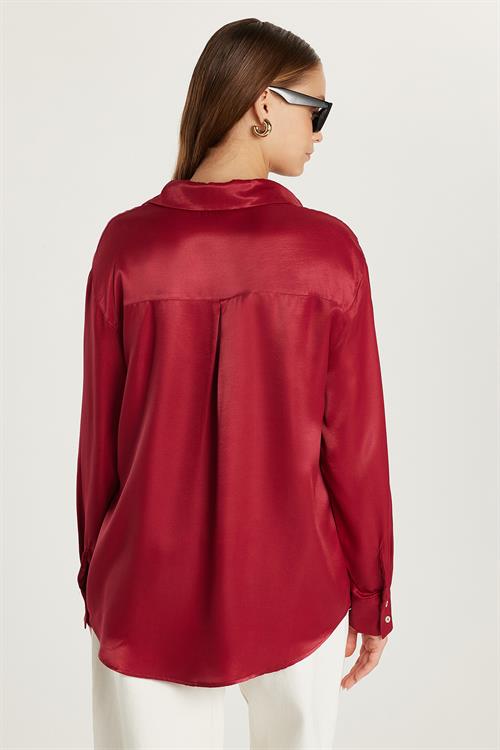 Kadın Slim Fit Dar Kesim Uzun Kollu Saten Bordo Gömlek
