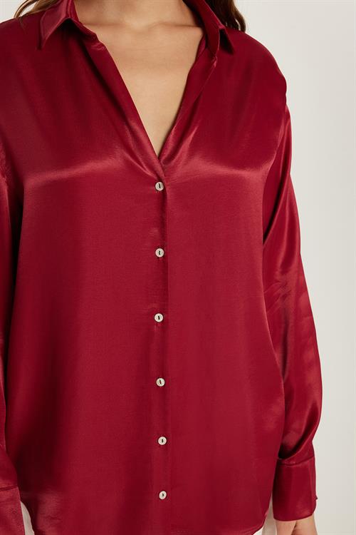 Kadın Slim Fit Dar Kesim Uzun Kollu Saten Bordo Gömlek