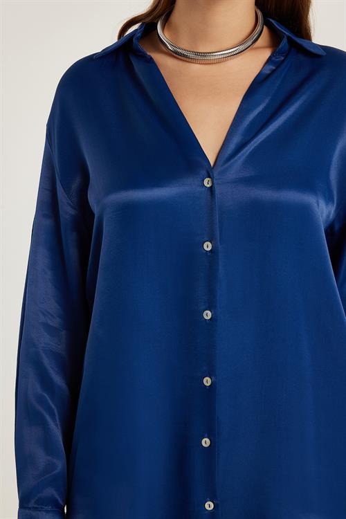 Kadın Slim Fit Dar Kesim Uzun Kollu Saten Lacivert Gömlek