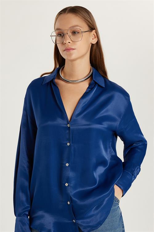 Kadın Slim Fit Dar Kesim Uzun Kollu Saten Lacivert Gömlek