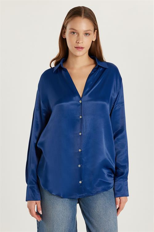 Kadın Slim Fit Dar Kesim Uzun Kollu Saten Lacivert Gömlek