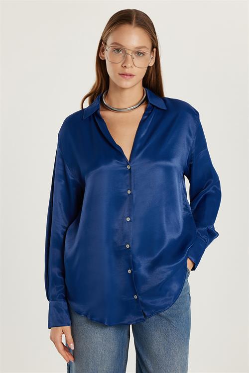 Kadın Slim Fit Dar Kesim Uzun Kollu Saten Lacivert Gömlek
