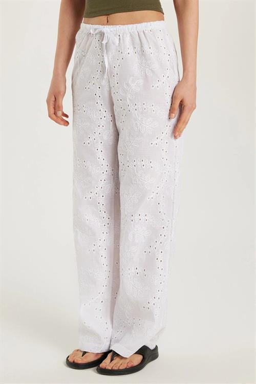 Kadın Regular Fit %100 Pamuk Beli Lastikli Bağlamalı Geniş Paça Ekru Pantolon