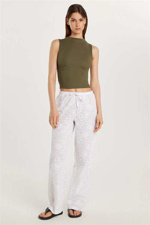 Kadın Regular Fit %100 Pamuk Beli Lastikli Bağlamalı Geniş Paça Ekru Pantolon