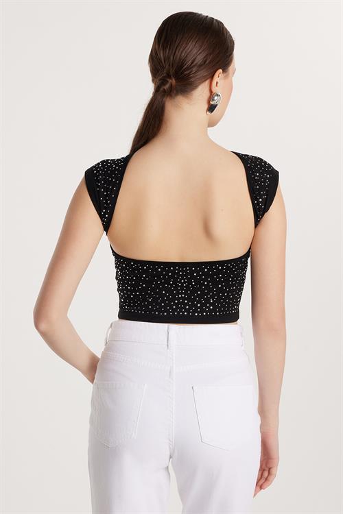 Kadın Slim Fit Sıfır Kol Baskılı Taşlı Siyah Bluz