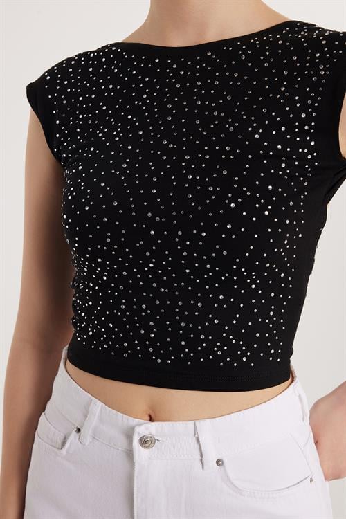 Kadın Slim Fit Sıfır Kol Baskılı Taşlı Siyah Bluz