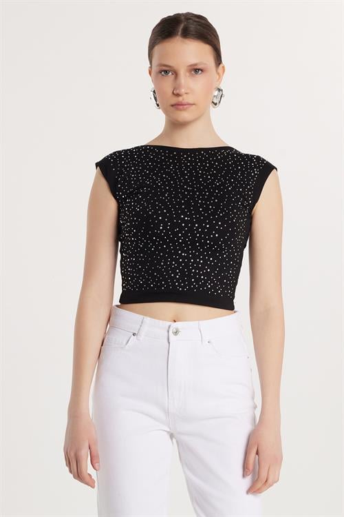Kadın Slim Fit Sıfır Kol Baskılı Taşlı Siyah Bluz