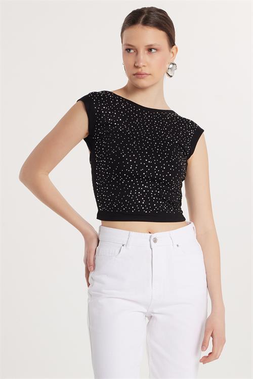 Kadın Slim Fit Sıfır Kol Baskılı Taşlı Siyah Bluz