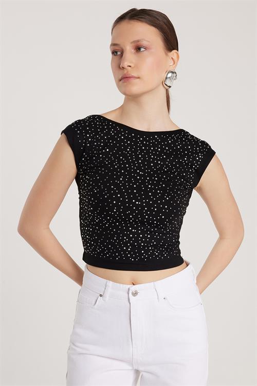 Kadın Slim Fit Sıfır Kol Baskılı Taşlı Siyah Bluz
