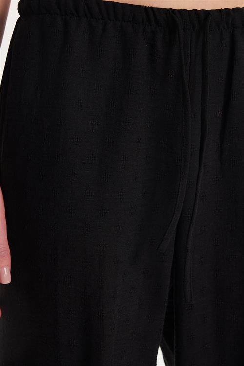 Kadın Relax Fit Beli Lastikli Bağlamalı Palazzo Geniş Paça Siyah Pantolon