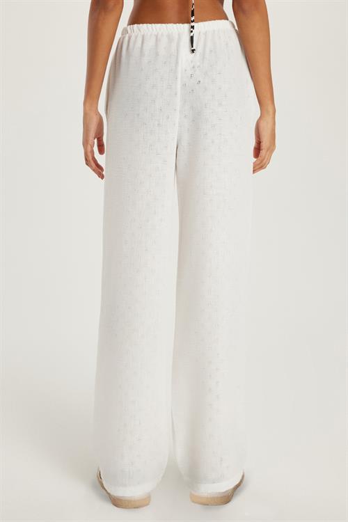Kadın Relax Fit Beli Lastikli Bağlamalı Palazzo Geniş Paça Ekru Pantolon