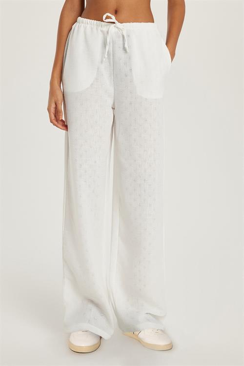 Kadın Relax Fit Beli Lastikli Bağlamalı Palazzo Geniş Paça Ekru Pantolon