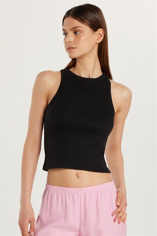 Kadın Slim Fit Halter Yaka Modal Kumaş Siyah Body Atlet