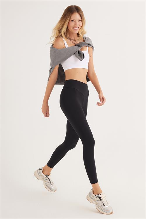 Kadın Süper Slim Beli Lastikli İnterlok Standart Boy Normal Siyah Tayt