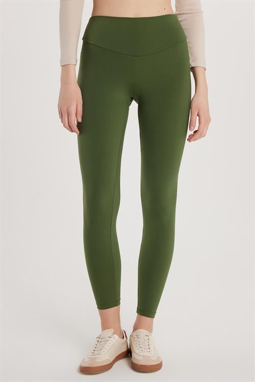 Kadın Süper Slim Beli Lastikli İnterlok Standart Boy Normal Bel Haki Tayt