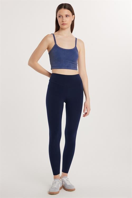 Kadın Süper Slim Beli Lastikli İnterlok Standart Boy Normal Bel Lacivert Tayt