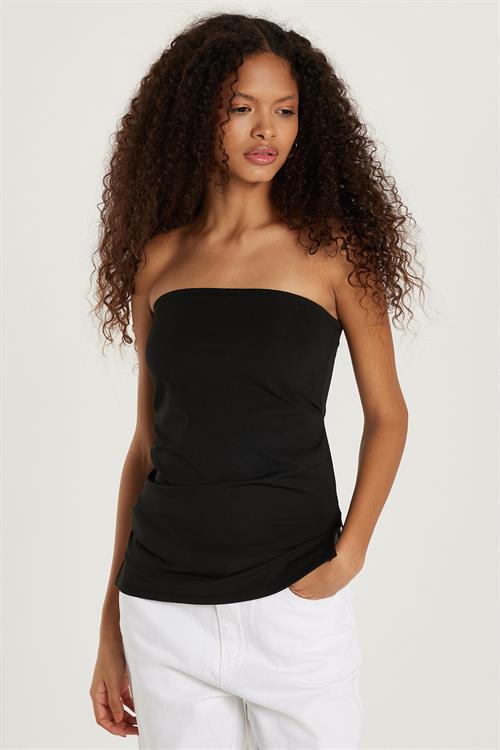 Kadın Slim Fit Dar Kesim Straplez Siyah Bluz