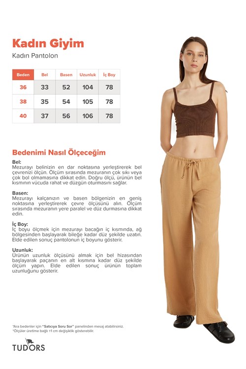 Kadın Regular Fit Beli Bağlamalı Keten Geniş Paça Bej Pantolon