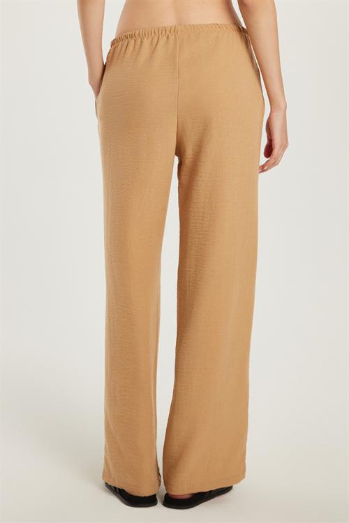 Kadın Regular Fit Beli Bağlamalı Keten Geniş Paça Bej Pantolon
